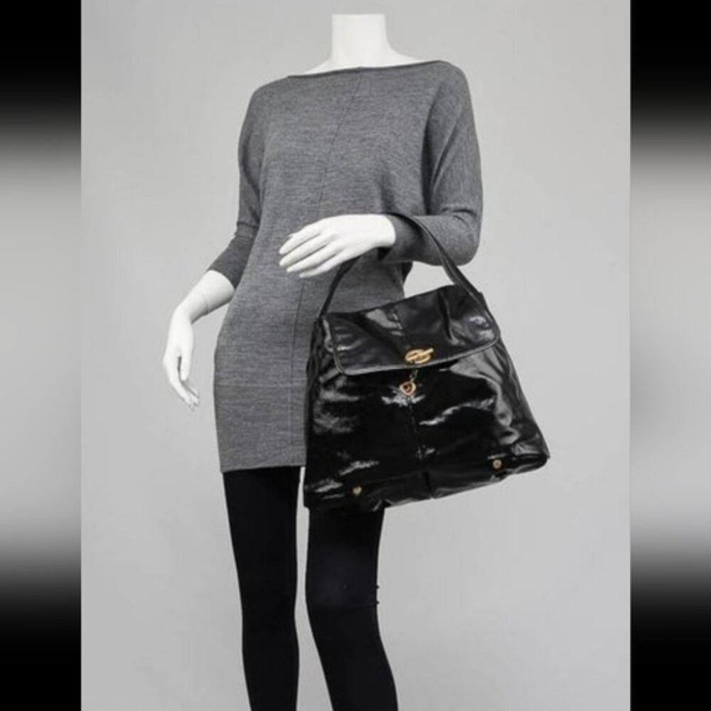 Authentic YSL Rive Gauche Capri Patent Leather Black Bucket Bag